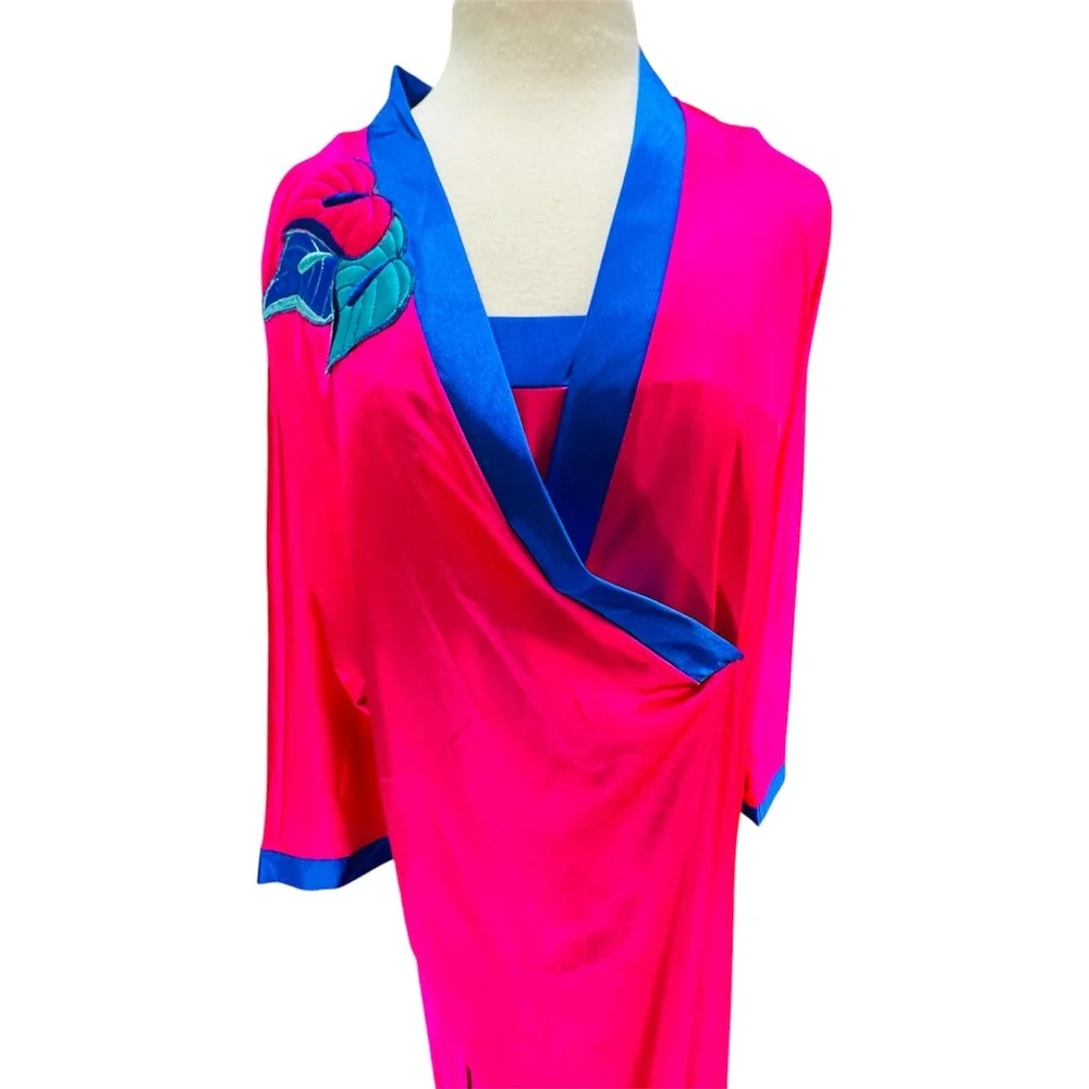 VTG Bright Pink Blue Gown Satin Slip Robe Set Tropical Monstera Leaf M Peignoir